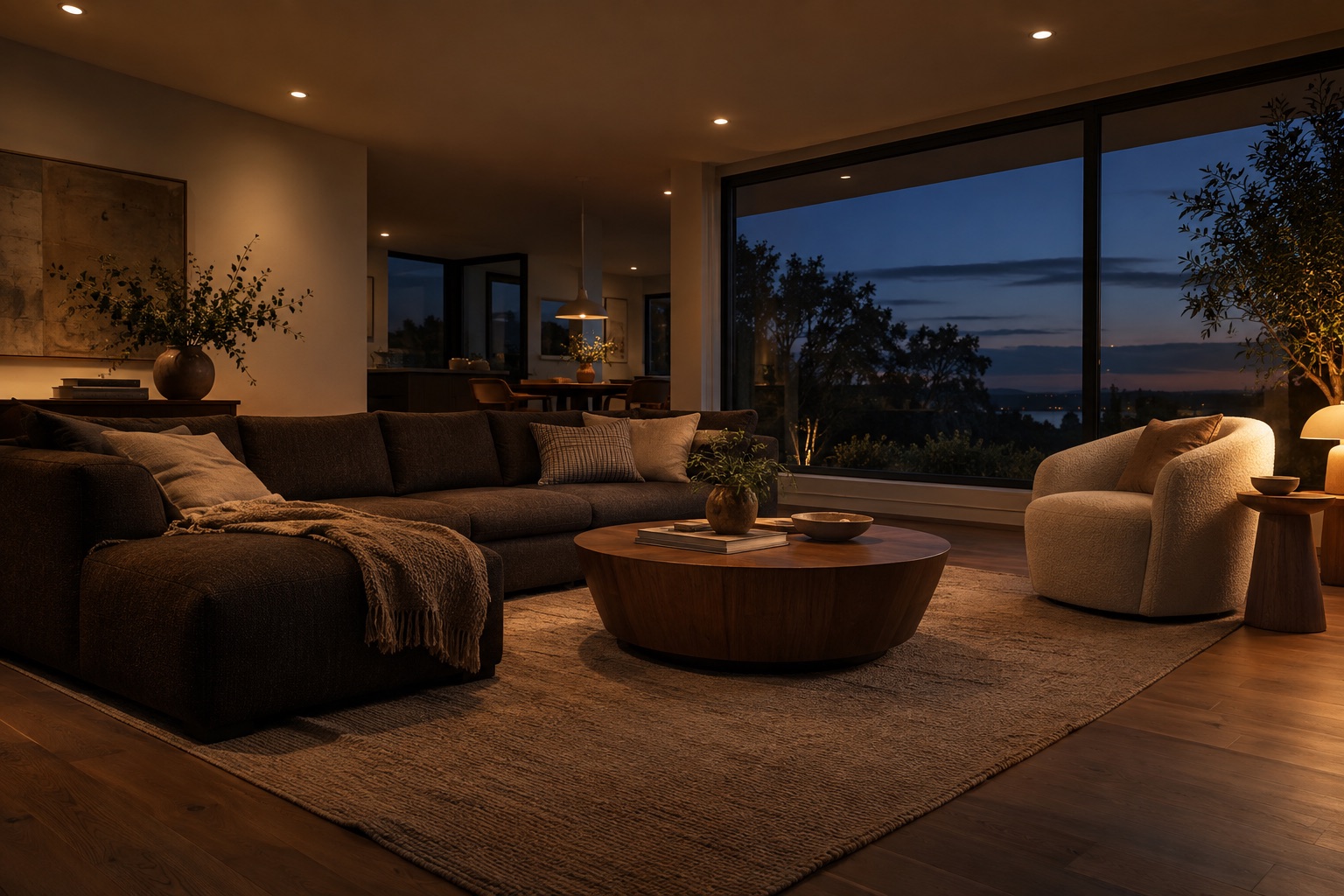 A softly lit living room with ordinary recessed lights at dusk
